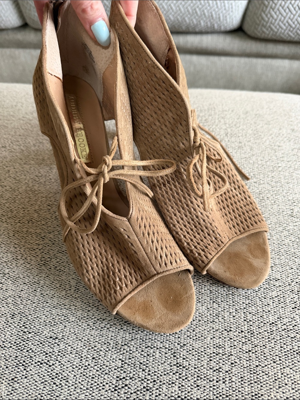 Audrey Brooke Tan Suede Peep-Toe Lace-Up Heels